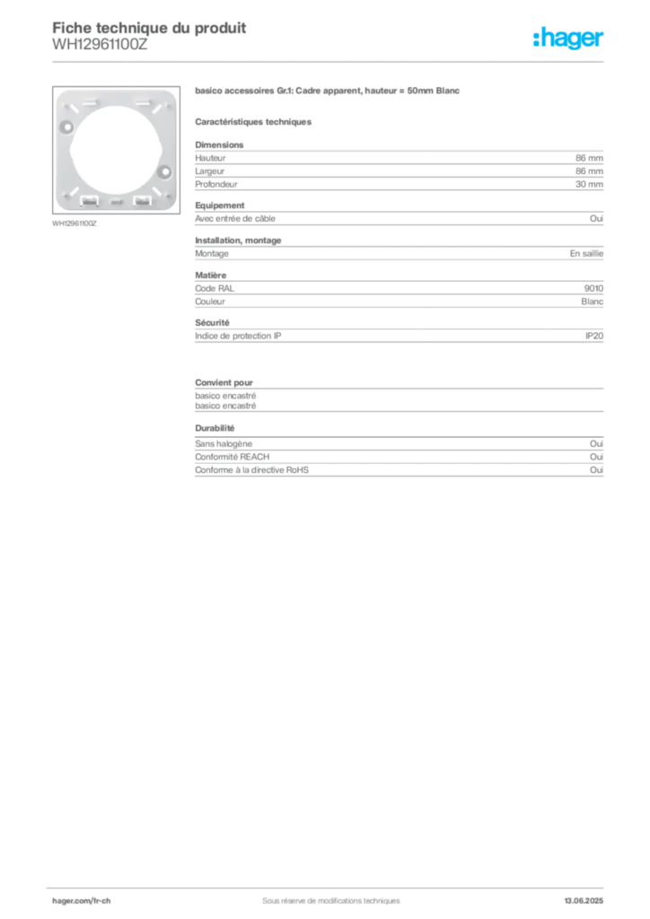 Image Hager Fiche technique du produit WH12961100Z | Hager Suisse