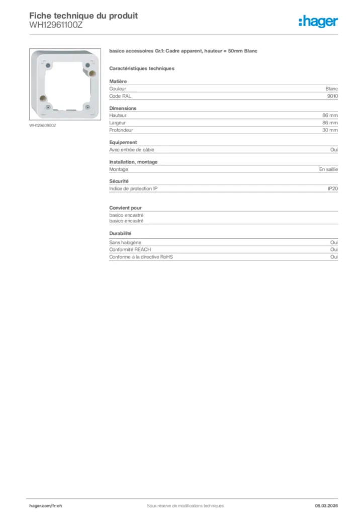 Image Hager Fiche technique du produit WH12961100Z | Hager Suisse