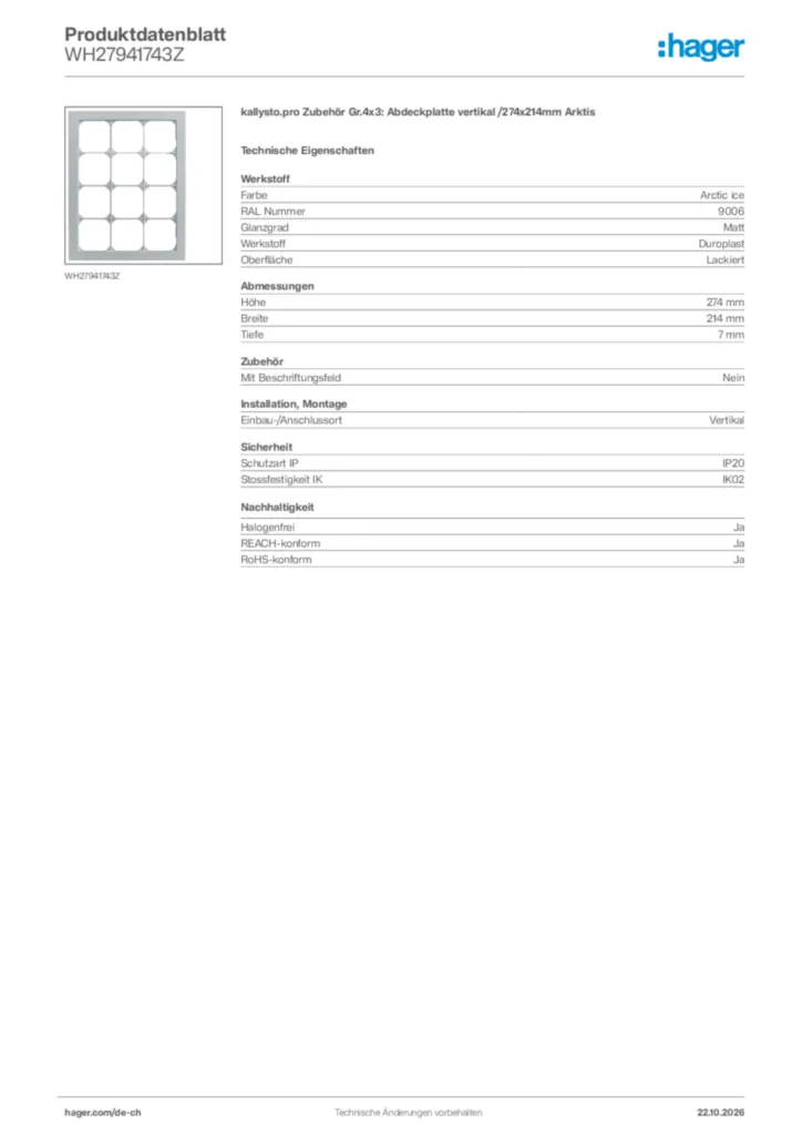 Bild Hager Produktdatenblatt WH27941743Z | Hager Schweiz