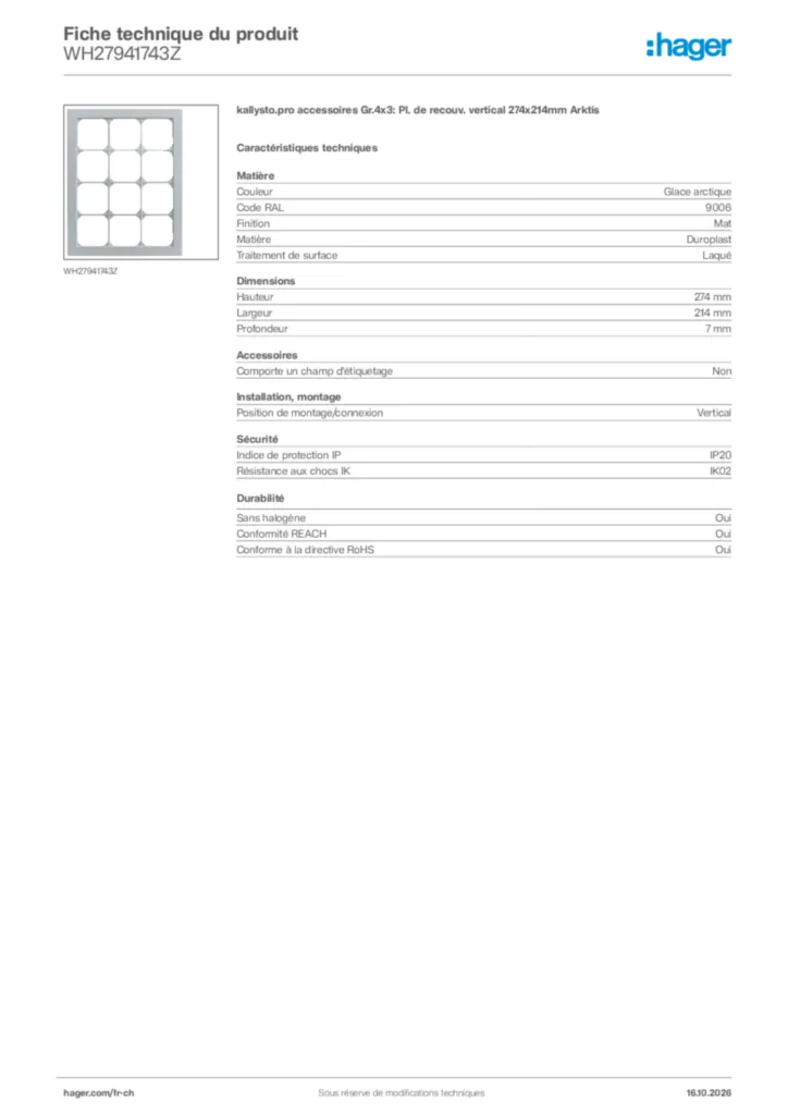 Image Hager Fiche technique du produit WH27941743Z | Hager Suisse