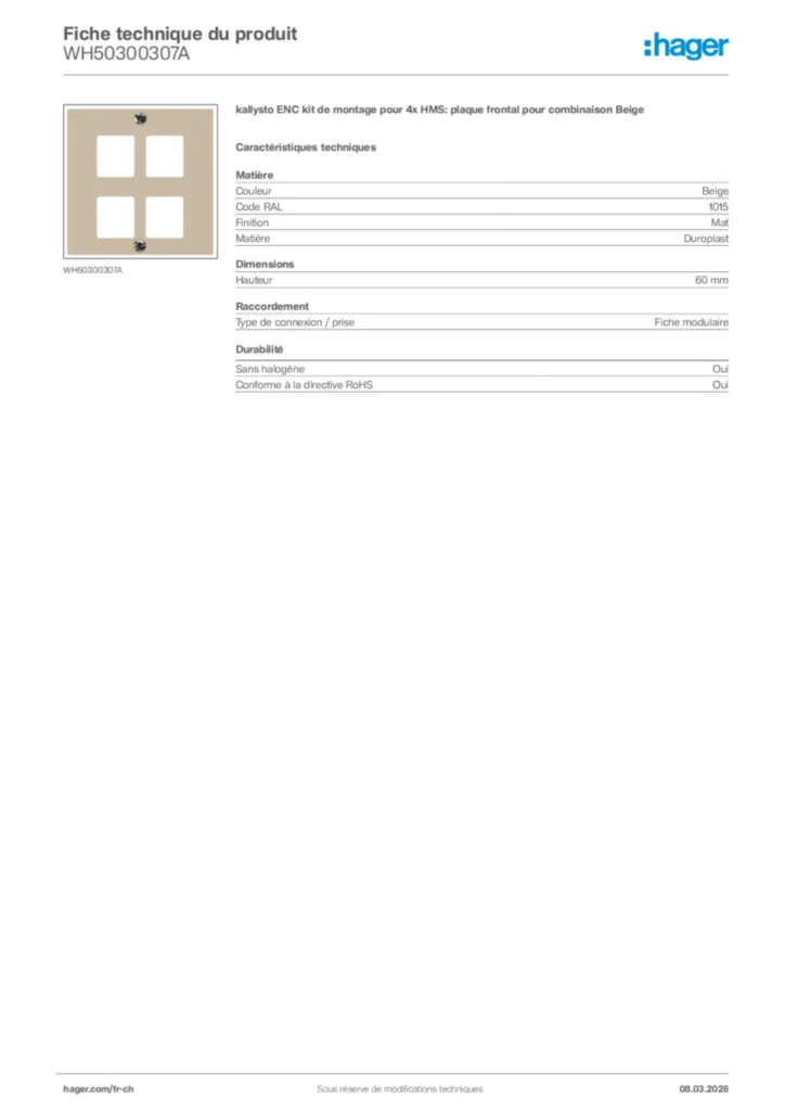 Image Hager Fiche technique du produit WH50300307A | Hager Suisse