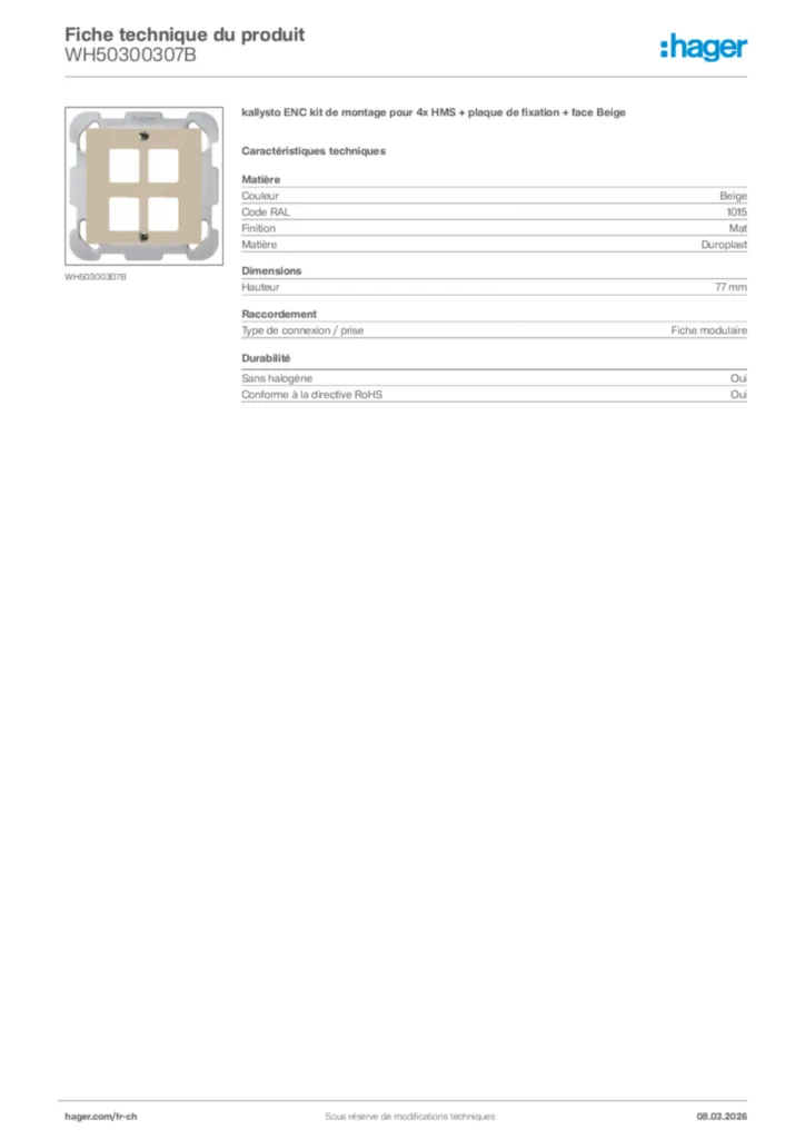 Image Hager Fiche technique du produit WH50300307B | Hager Suisse