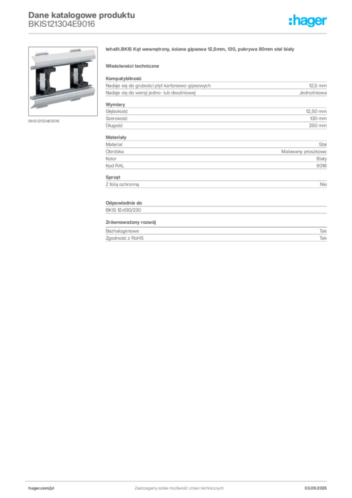 Zdjęcie Hager Karta katalogowa BKIS121304E9016 | Hager Polska