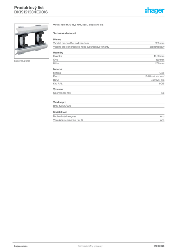 Obrázek Hager Produktový list BKIS121304E9016 | Hager