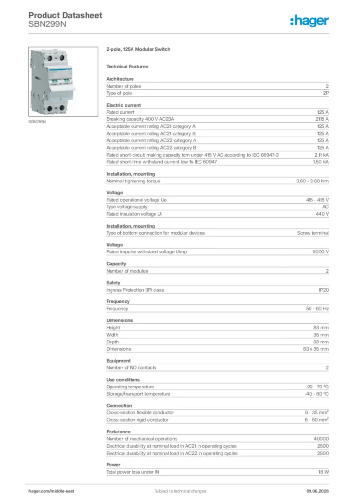 Image Hager Product data sheet SBN299N  | Hager