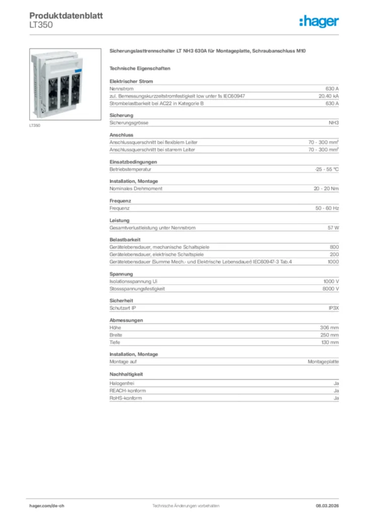 Bild Hager Produktdatenblatt LT350 | Hager Schweiz