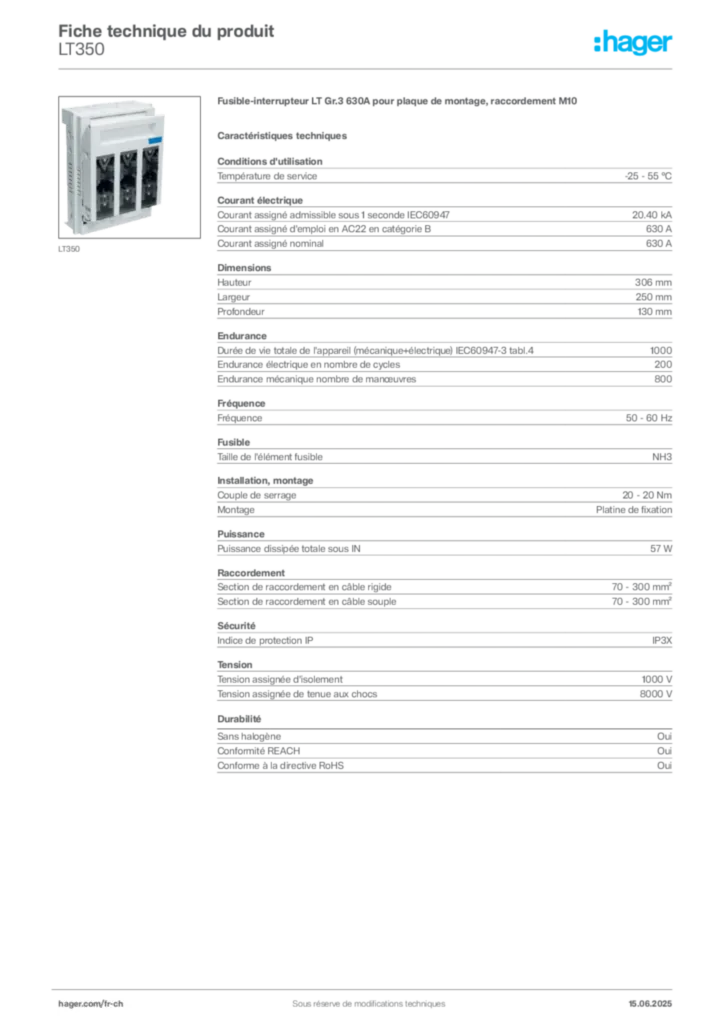 Image Hager Fiche technique du produit LT350 | Hager Suisse