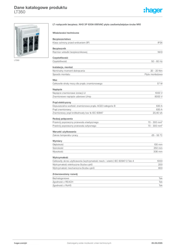 Zdjęcie Hager Karta katalogowa LT350 | Hager Polska