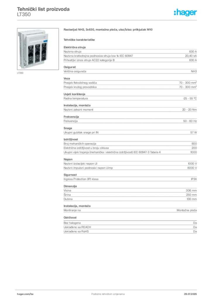 Slika Hager Product data sheet LT350  | Hager