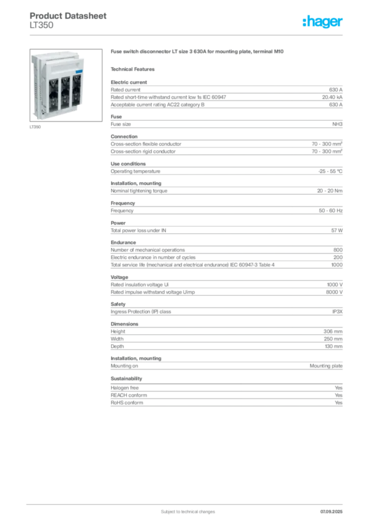 Image Hager Product data sheet LT350  | Hager