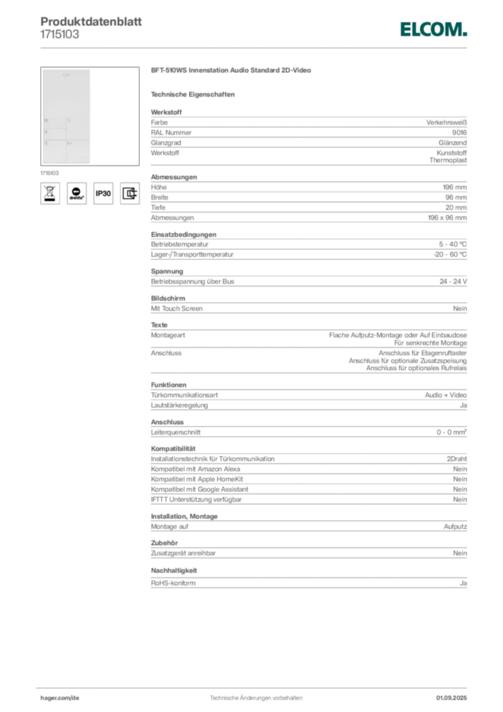 Bild Elcom Produktdatenblatt 1715103 | Hager Deutschland