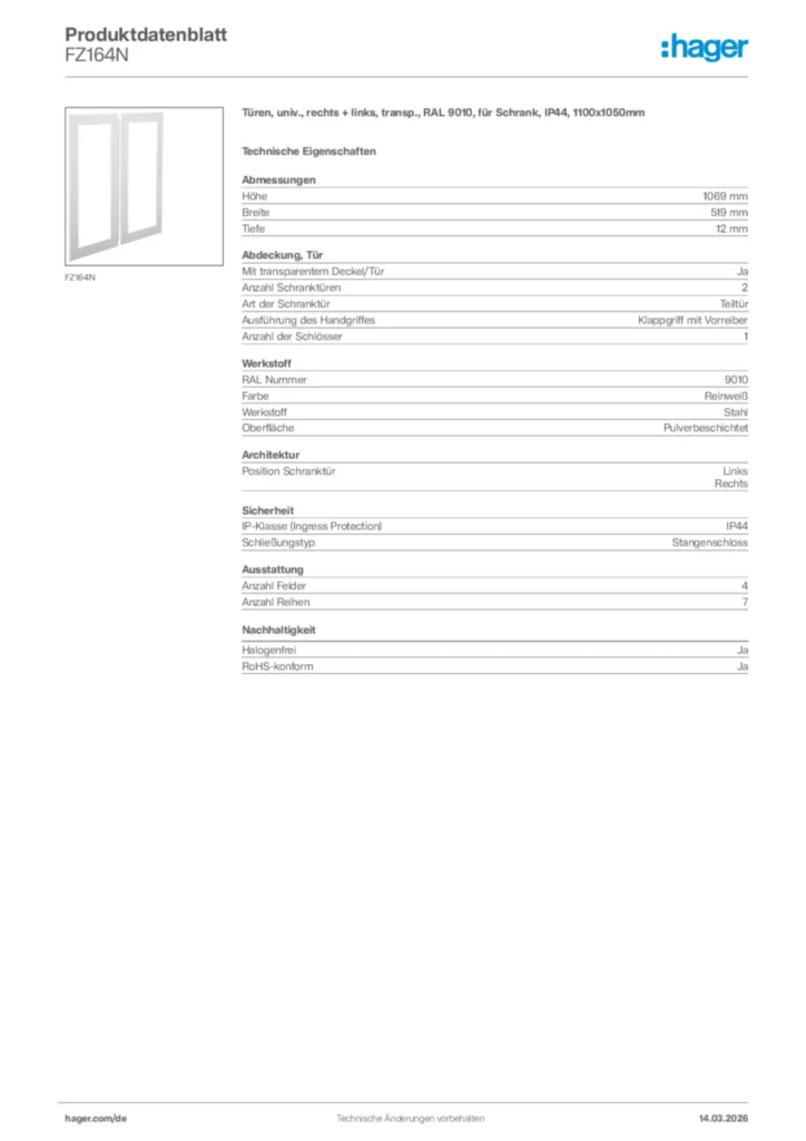 Bild Hager Produktdatenblatt FZ164N | Hager Deutschland