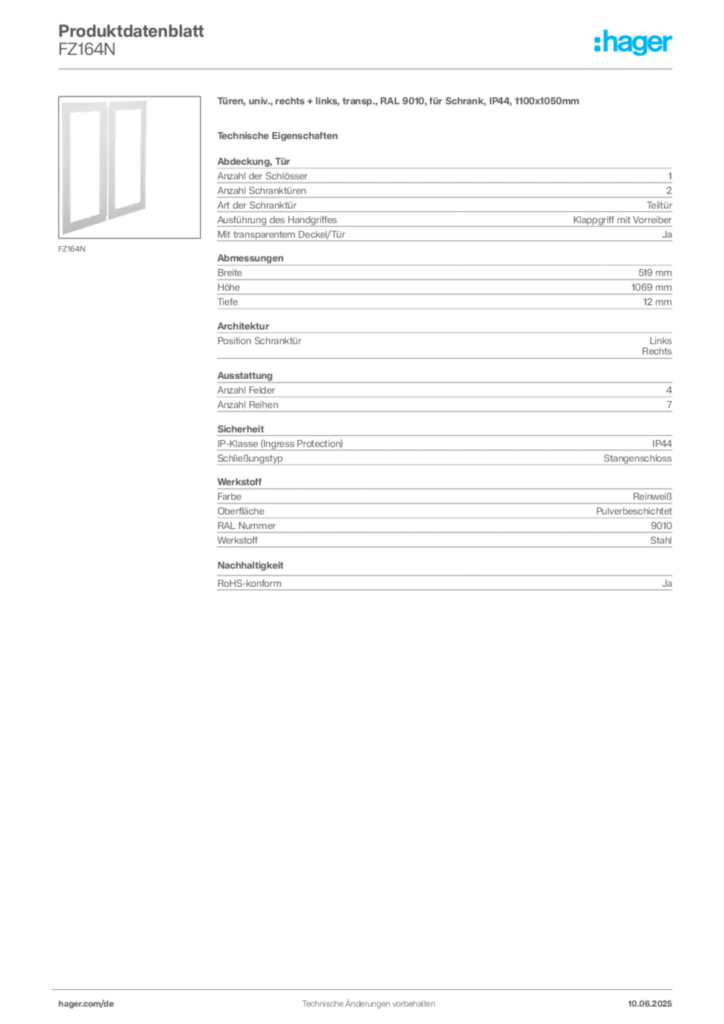Hager Produktdatenblatt FZ164N