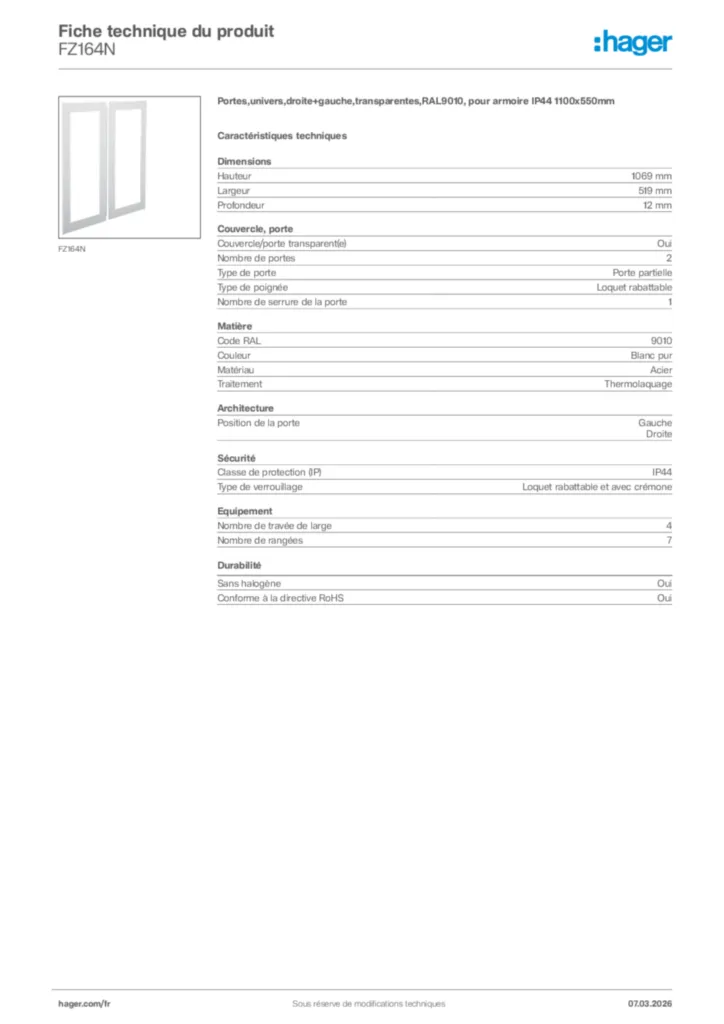 Image Hager Fiche technique du produit FZ164N | Hager France