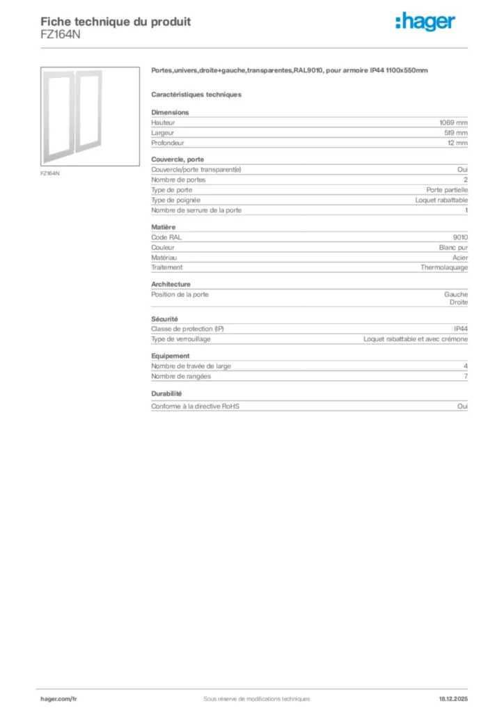 Image Hager Fiche technique du produit FZ164N | Hager France