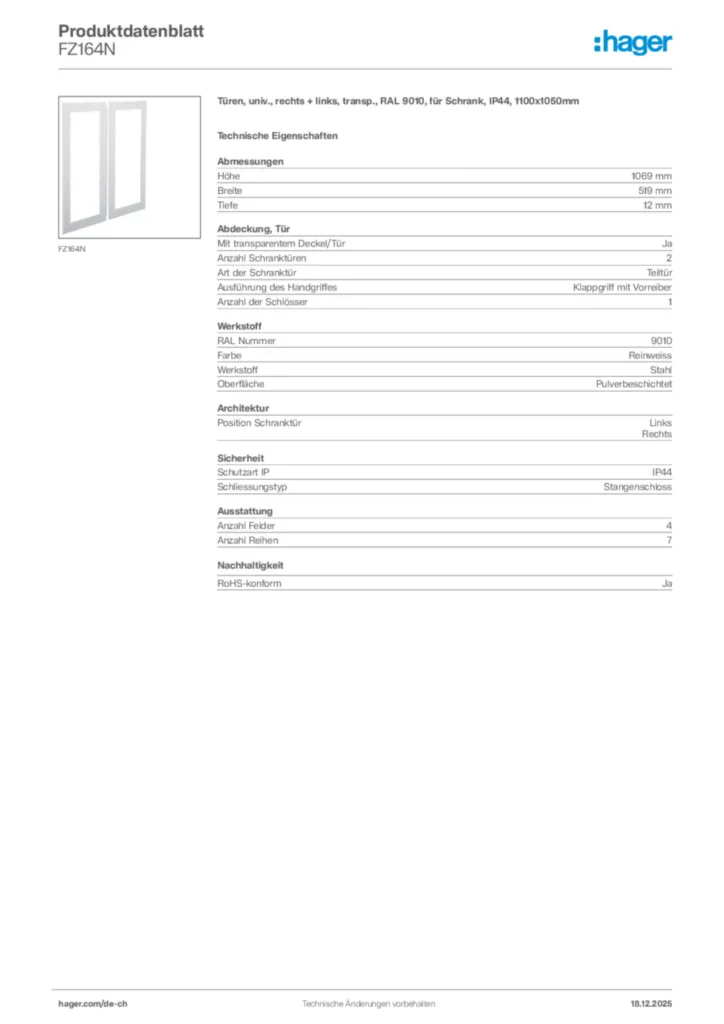 Bild Hager Produktdatenblatt FZ164N | Hager Schweiz