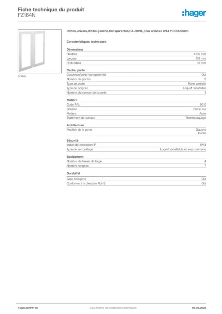 Image Hager Fiche technique du produit FZ164N | Hager Suisse