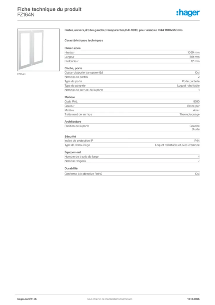 Image Hager Fiche technique du produit FZ164N | Hager Suisse