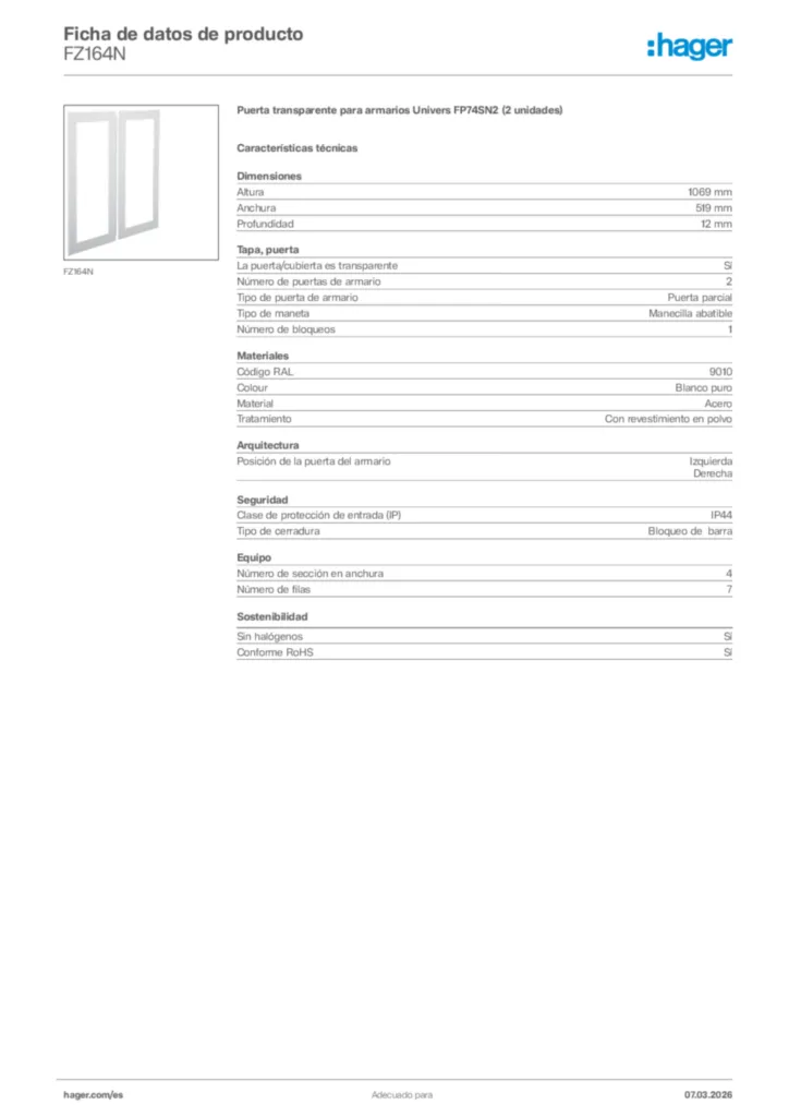 Imagen Hager Ficha de datos de producto FZ164N | Hager España
