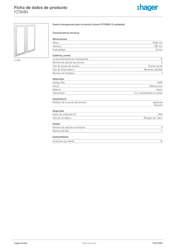 Imagen Hager Ficha de datos de producto FZ164N | Hager España