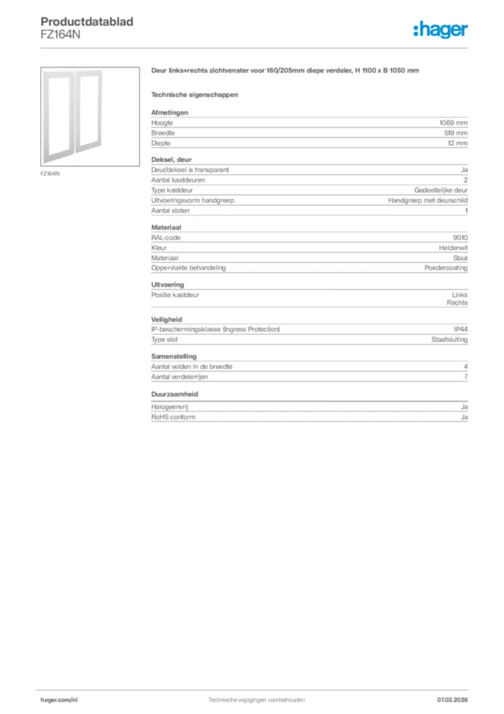 Afbeelding Hager Productdatablad FZ164N | Hager Nederland