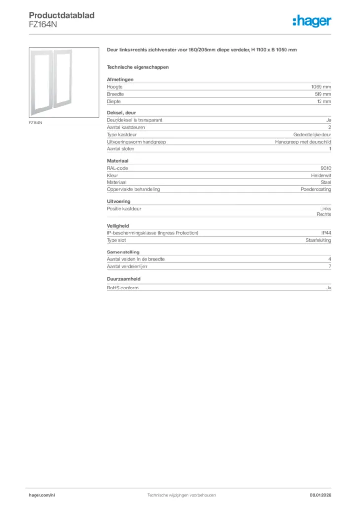 Afbeelding Hager Productdatablad FZ164N | Hager Nederland