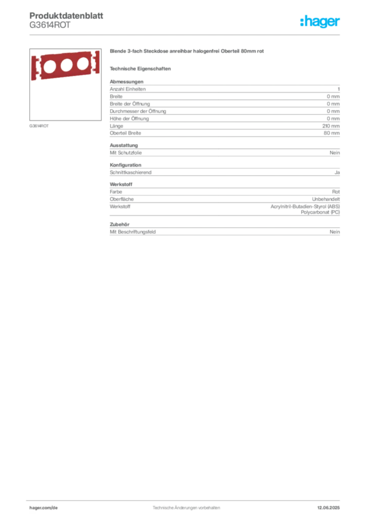 Bild Hager Produktdatenblatt G3614ROT | Hager Deutschland