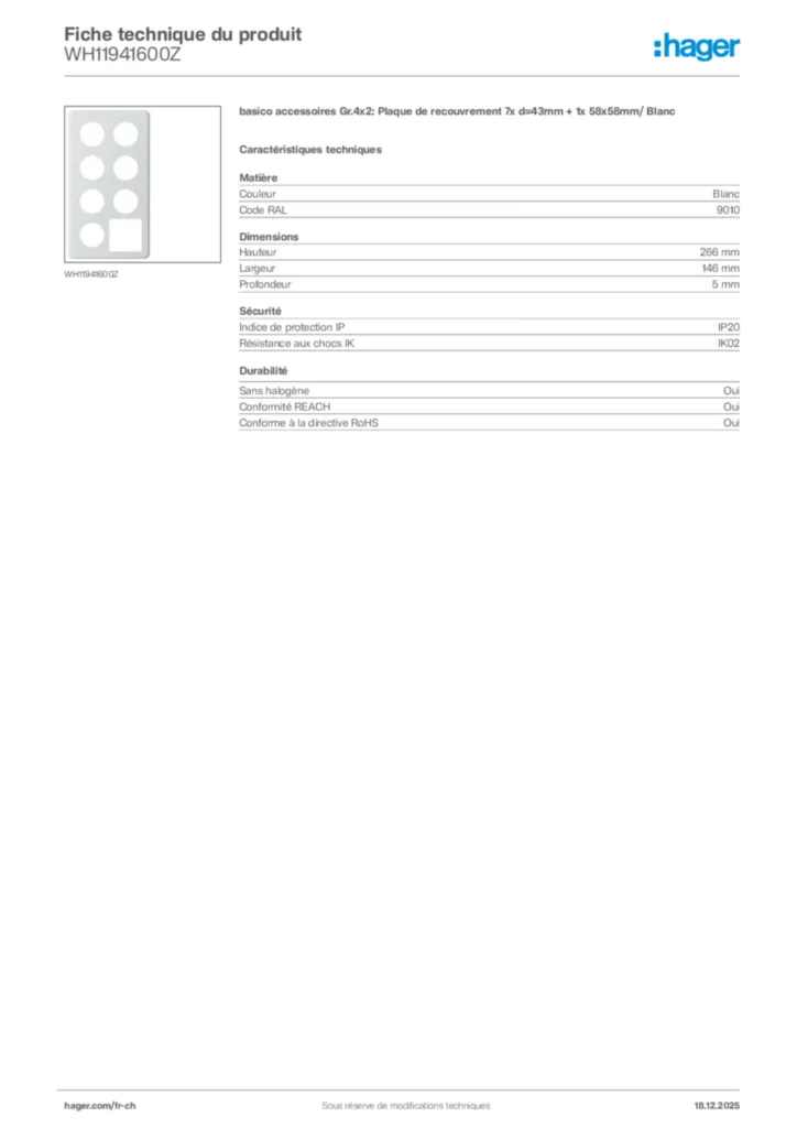 Image Hager Fiche technique du produit WH11941600Z | Hager Suisse