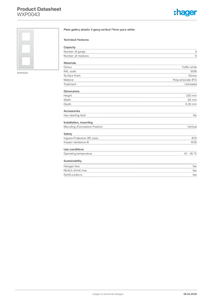 Image Hager Product data sheet WXP0043  | Hager Africa
