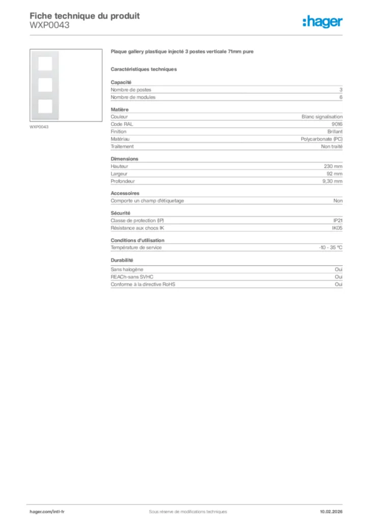Image Hager Fiche technique du produit WXP0043 | Hager Afrique