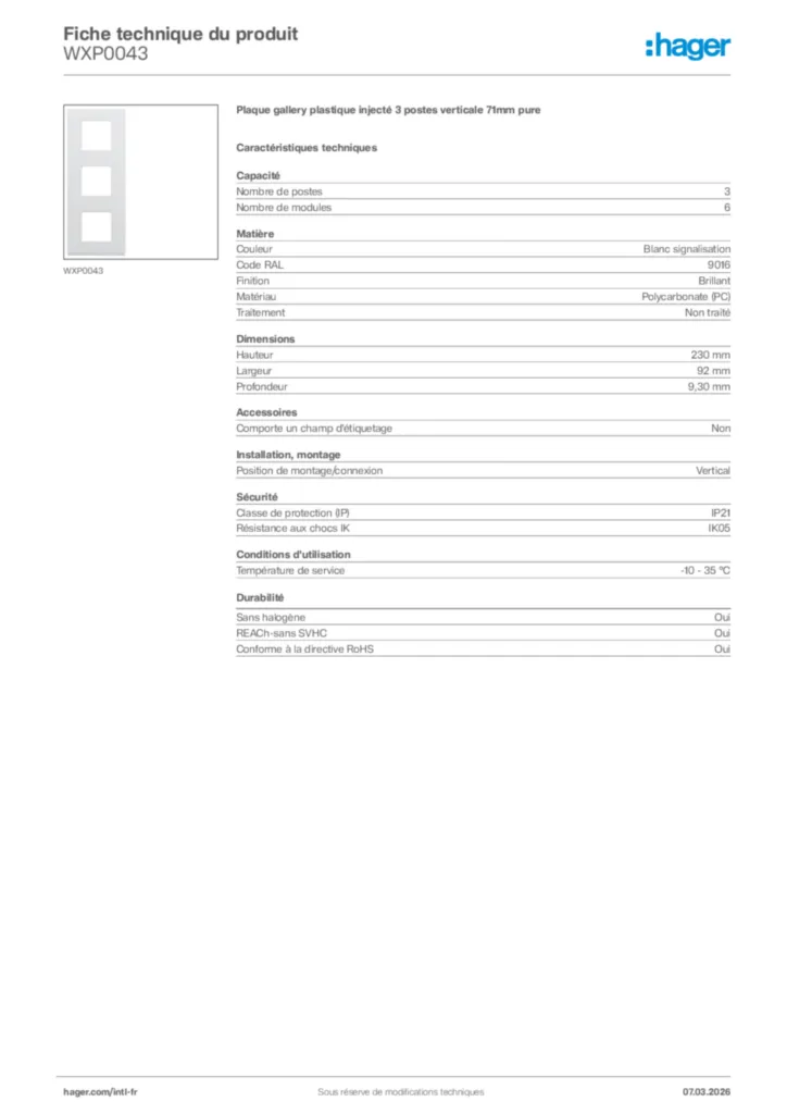 Image Hager Fiche technique du produit WXP0043 | Hager Afrique