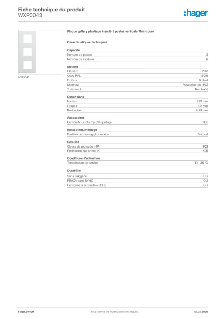 Image Hager Fiche technique du produit WXP0043 | Hager France