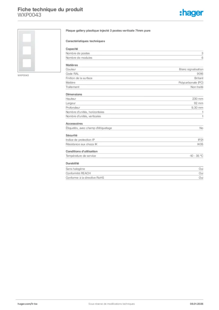 Image Hager Fiche technique du produit WXP0043 | Hager Belgique