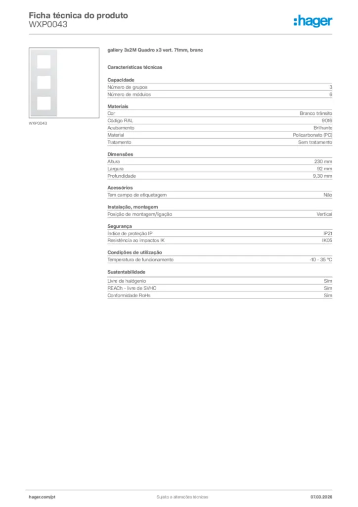 Imagem Hager Ficha técnica do produto WXP0043 | Hager Portugal