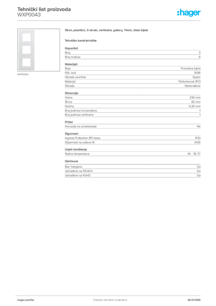 Slika Hager Product data sheet WXP0043  | Hager
