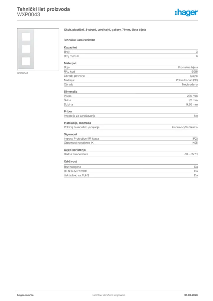 Slika Hager Tehnički list proizvoda WXP0043  | Hager