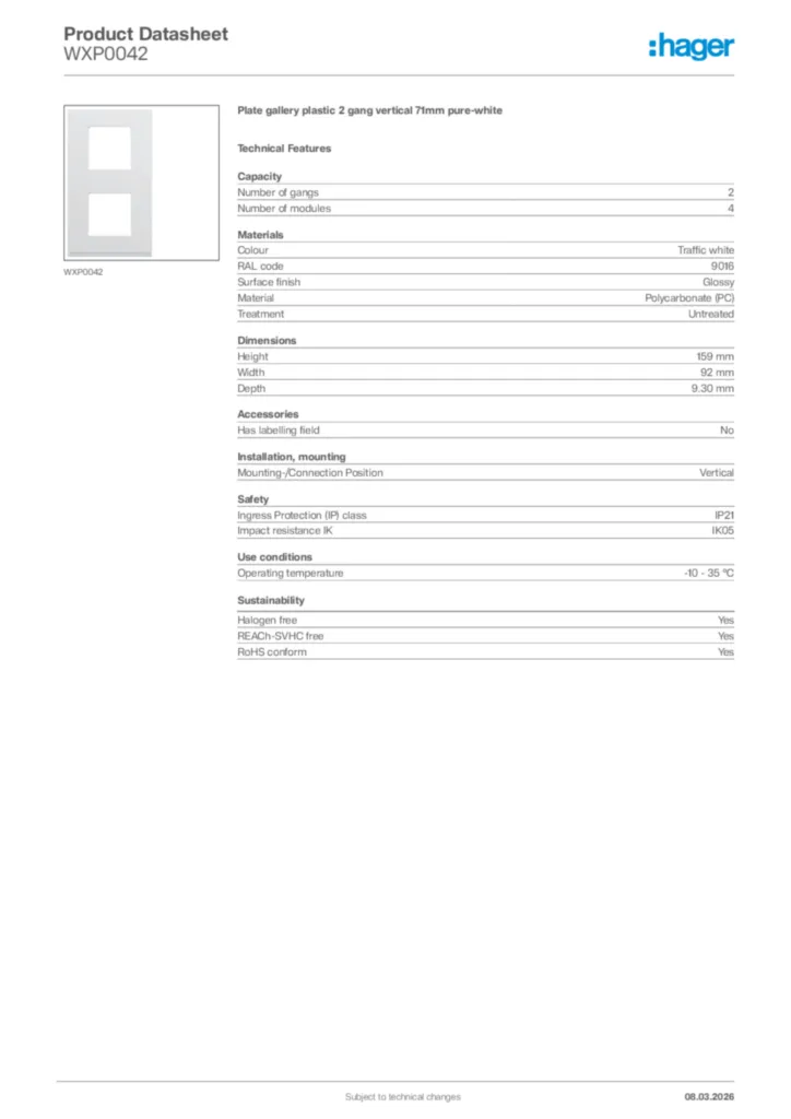 Image Hager Product data sheet WXP0042  | Hager Africa