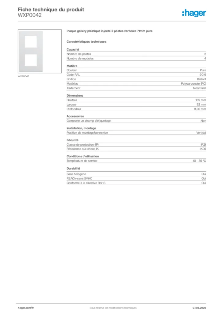 Image Hager Fiche technique du produit WXP0042 | Hager France