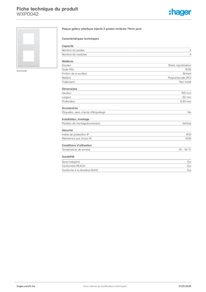 Image Hager Fiche technique du produit WXP0042 | Hager Belgique