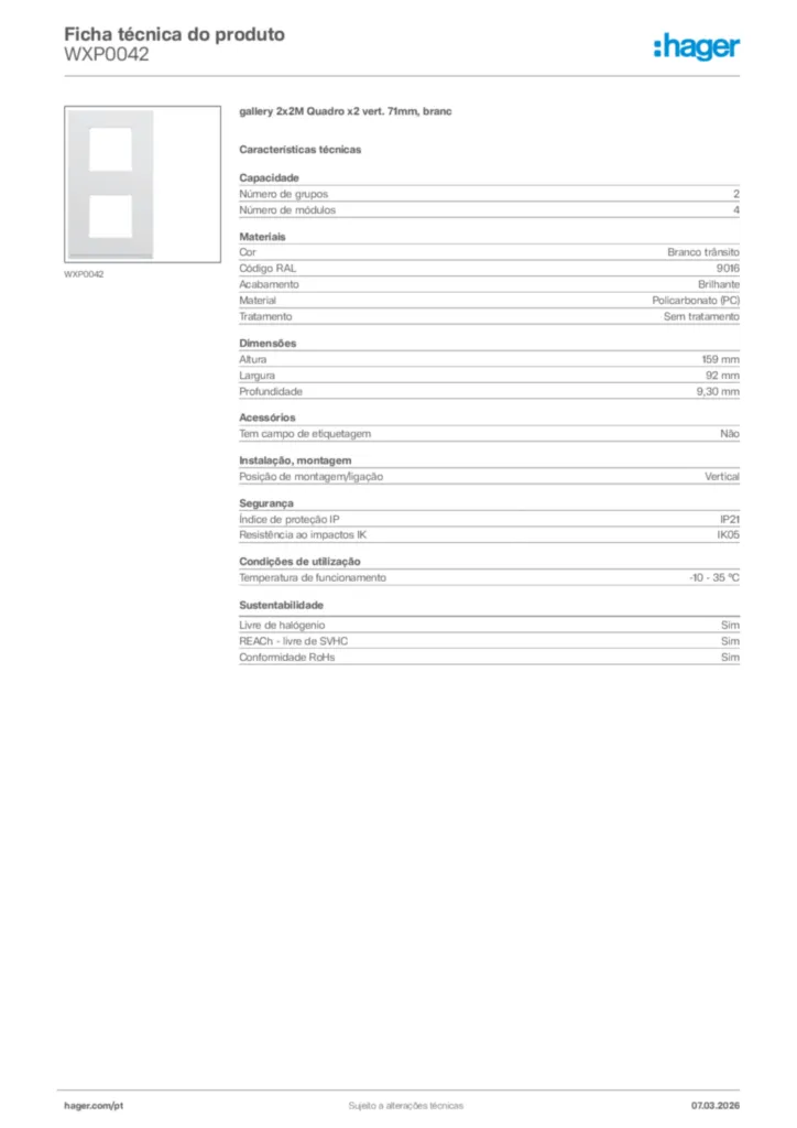 Imagem Hager Ficha técnica do produto WXP0042 | Hager Portugal