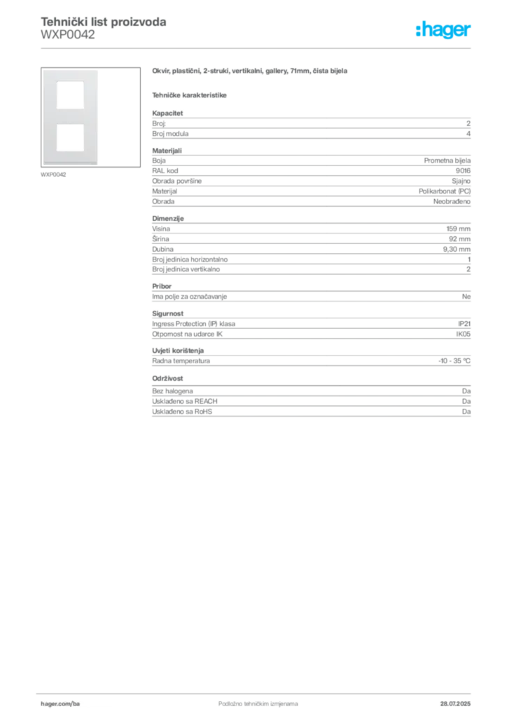 Slika Hager Product data sheet WXP0042  | Hager