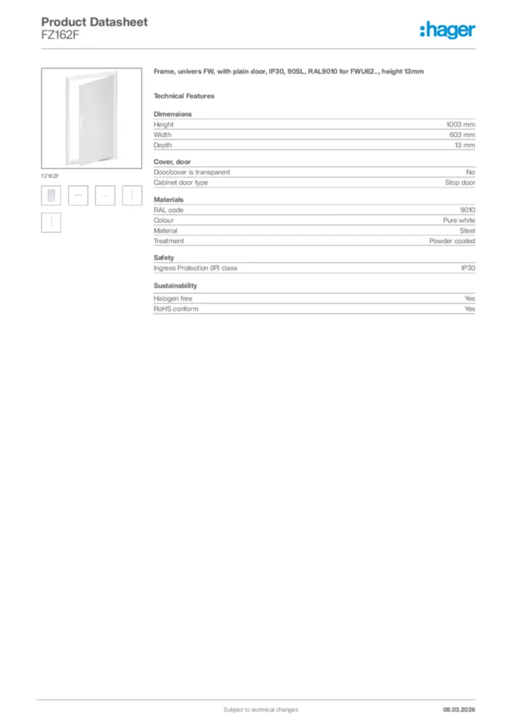 Image Hager Product data sheet FZ162F  | Hager Africa