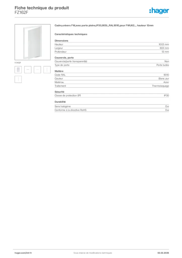 Image Hager Fiche technique du produit FZ162F | Hager Afrique