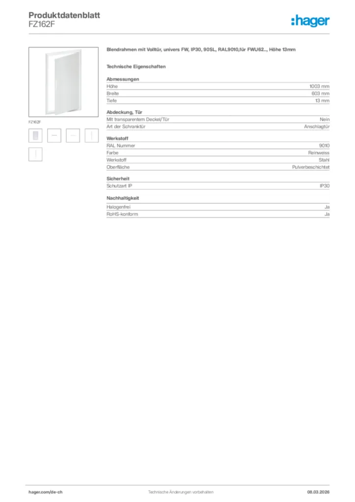 Bild Hager Produktdatenblatt FZ162F | Hager Schweiz