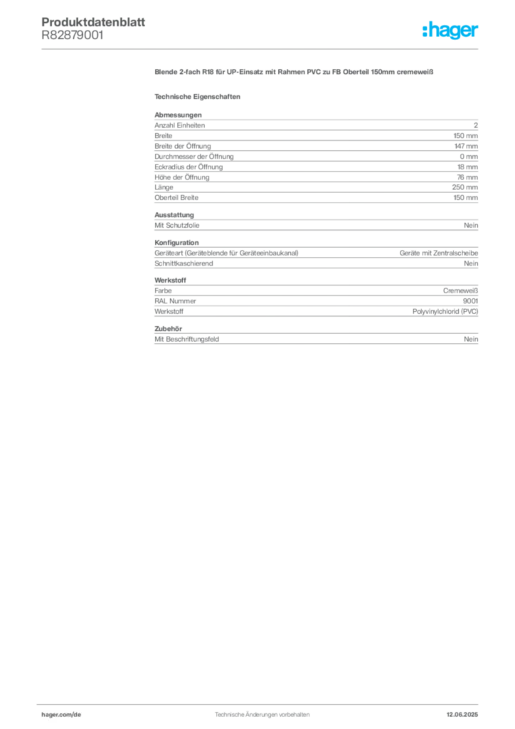 Bild Hager Produktdatenblatt R82879001 | Hager Deutschland