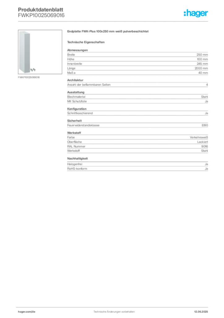 Bild Hager Produktdatenblatt FWKP10025069016 | Hager Deutschland