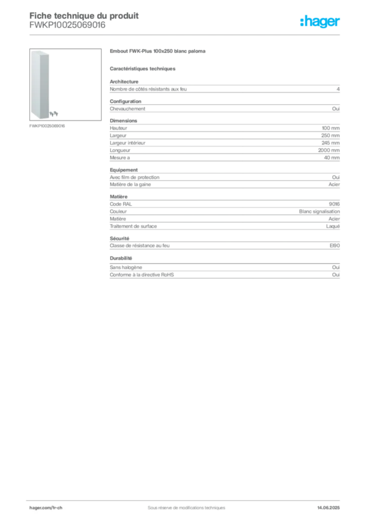 Image Hager Fiche technique du produit FWKP10025069016 | Hager Suisse