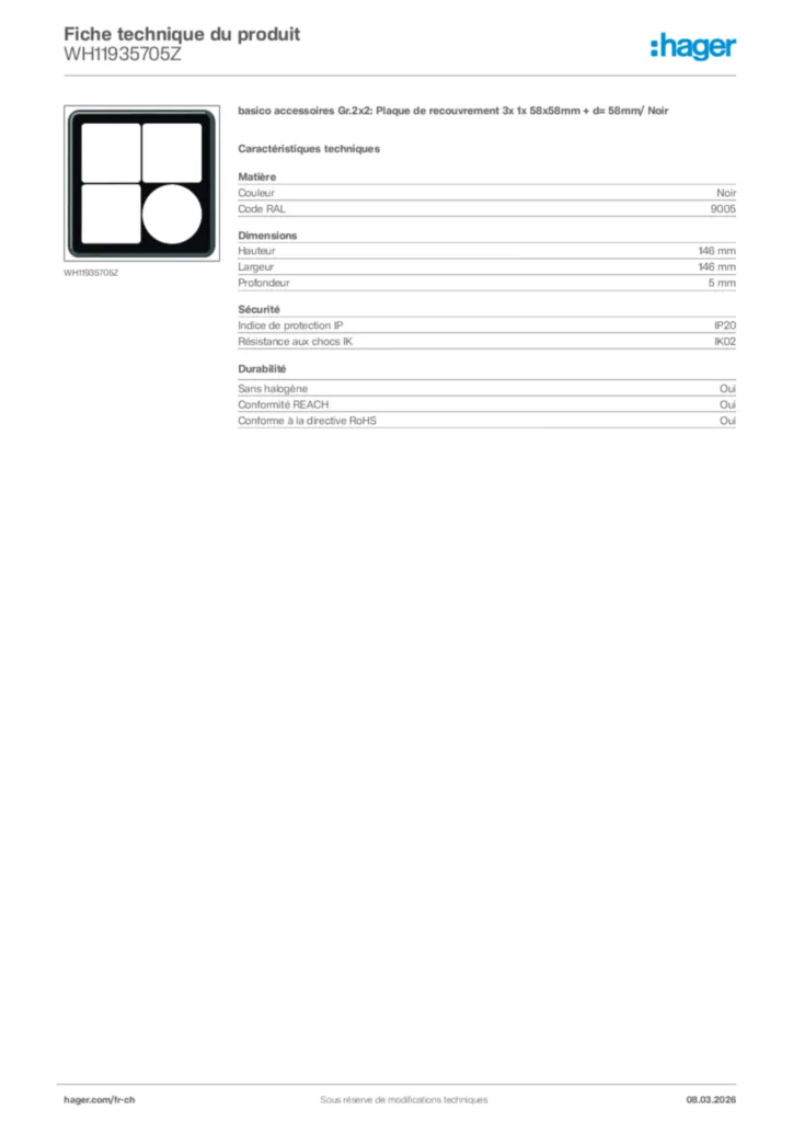 Image Hager Fiche technique du produit WH11935705Z | Hager Suisse