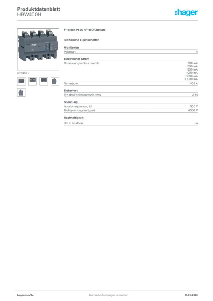 Bild Hager Produktdatenblatt HBW400H | Hager Deutschland