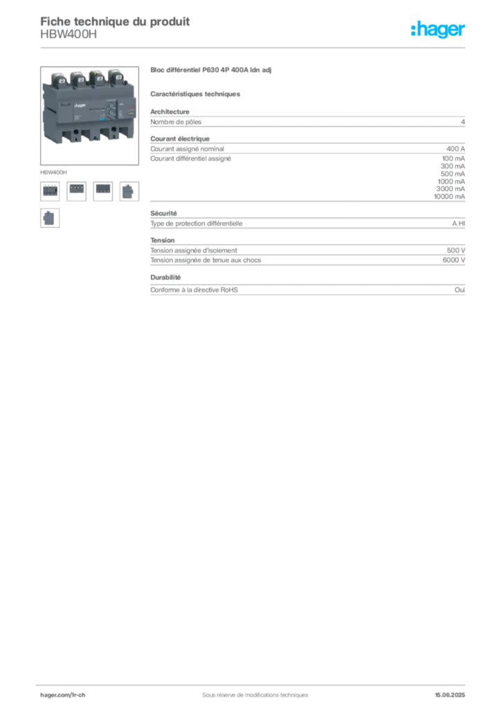 Image Hager Fiche technique du produit HBW400H | Hager Suisse
